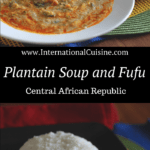 A bowl of plantain soup drizzled with palm oil and garnished with peanuts