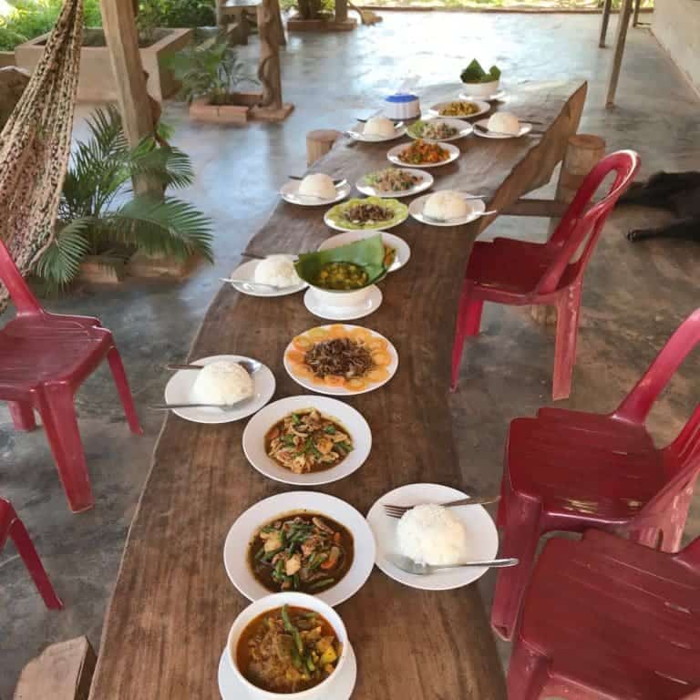 A display of all the dishes cooked in the Khmer cooking class
