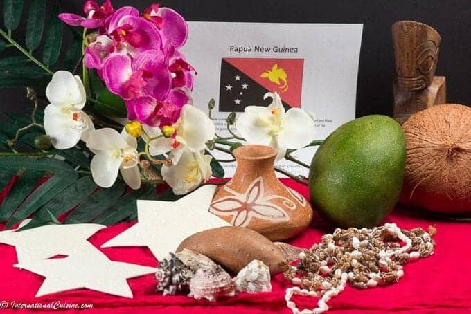 orchids, coconut, mango, pottery, shells, Papua New Guinea flag