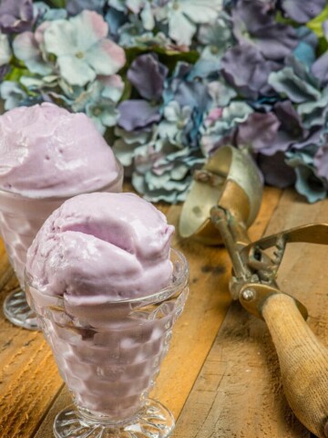 two big scoops of lavender ube ice cream