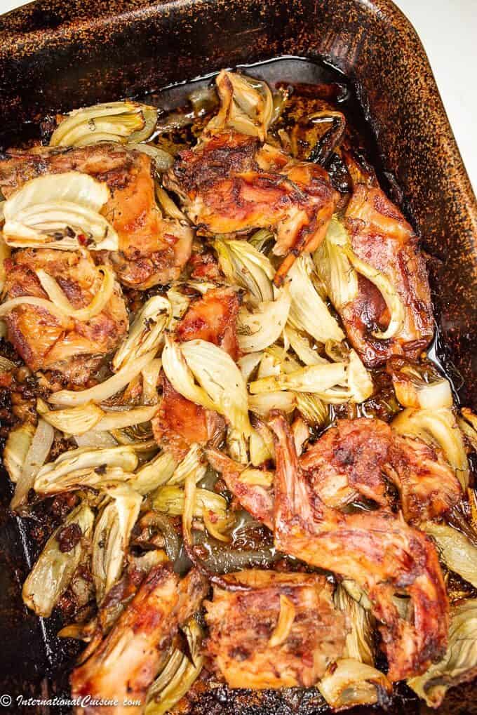 A dish of roast rabbit and fennel