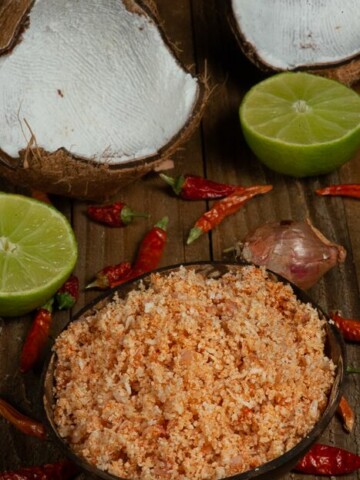 A bowl full of pol sambol with coconut, lime, shallot and red chilies as the ingredients.