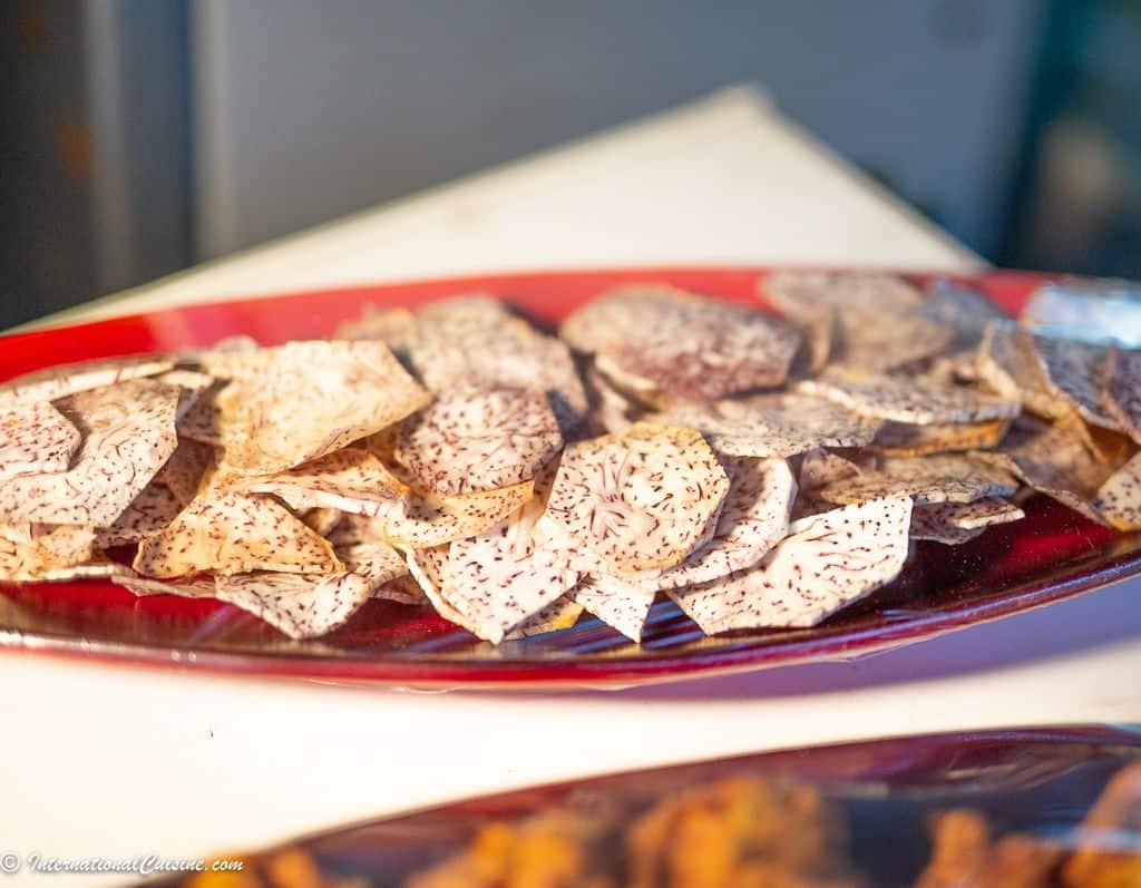 A plateful of fried taro chips