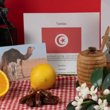 Symbols of Tunisa, the flag, citrus, dates, jasmine, camels