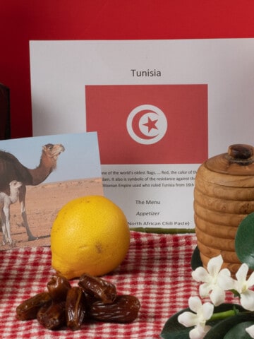 Symbols of Tunisa, the flag, citrus, dates, jasmine, camels