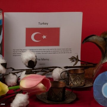 Symbols of Turkey, the flag, cotton, tulips, whirling dervish, evil eye, and Turkish coffee cups.