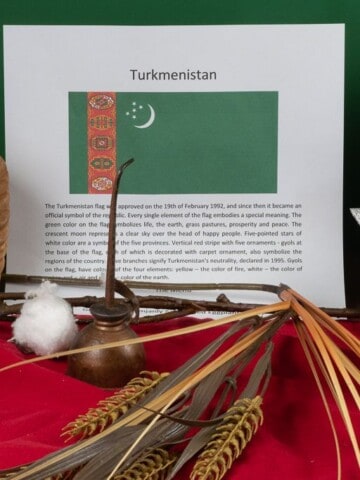 Symbols of Turkmenistan including wheat, a rose, cotton and a tea pot.