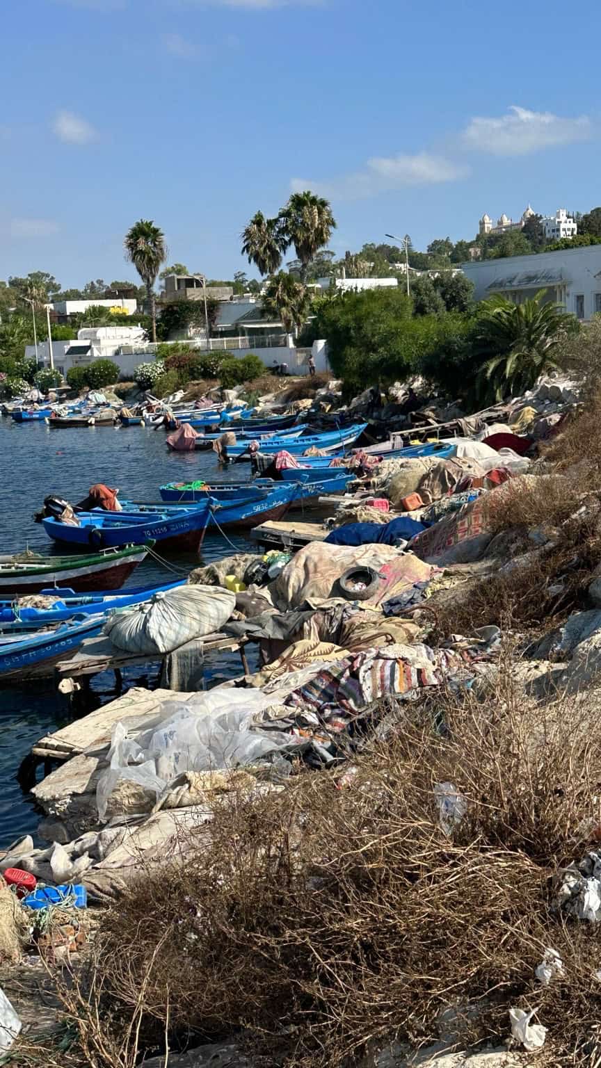 Blue fishing boats along the ancient Punic Port in Carthage, Tunisia